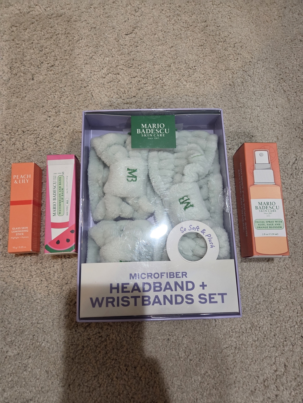 Mario Badescu Mint Microfiber Headband & Wristbands Set With Skincare